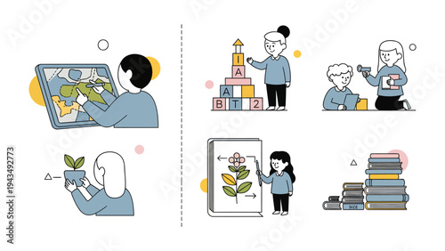 Children's Educational Activity: The illustration showcases children engaging in various educational activities, emphasizing learning and knowledge.