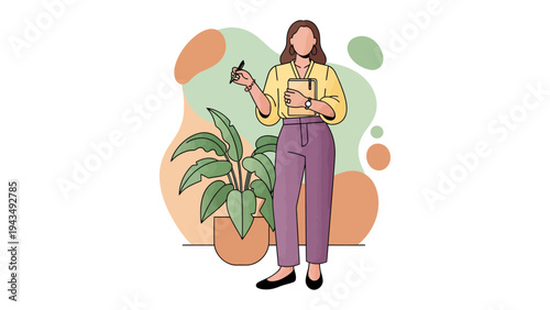 The Mentor's Guidance: An illustration portrays a woman, embodying a blend of elegance and authority, engaged in mentorship. She holds a notebook, and pen. The serene backdrop. 