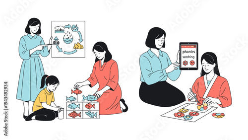 Interactive Learning Environment: Illustrative depiction of educators engaging with students using innovative educational tools