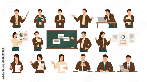 Business Presentations: Set of diverse individuals, exuding professionalism and expertise, are captured in various dynamic poses.