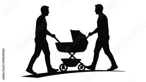 Two men pushing a baby stroller