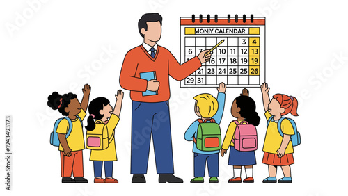 Classroom Calendar: A teacher guides a diverse group of young children in a classroom setting, pointing to a date on a calendar, fostering a sense of learning and anticipation.