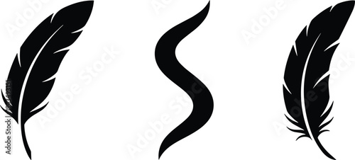 Feather silhouette icons, abstract design, decorative shapes, nature elements, black vector illustration