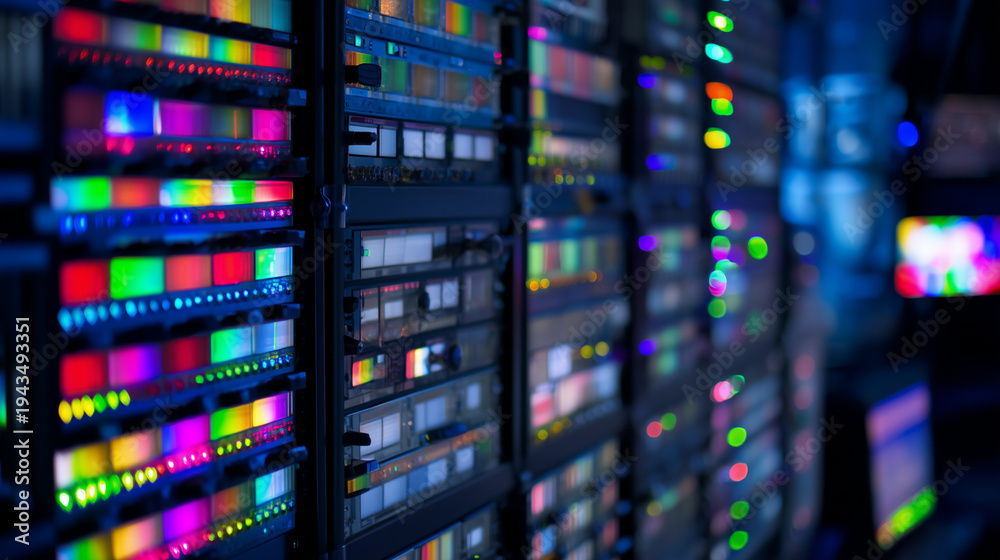 Fototapeta premium Close-up of illuminated server racks in a modern data center, colorful status lights and blurred background, concept of cloud computing, cybersecurity, hosting, and digital infrastructure