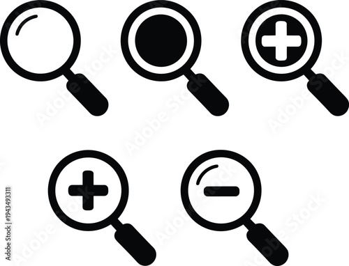 Magnifying glass icons, search, zoom in, zoom out, digital interface, usability design