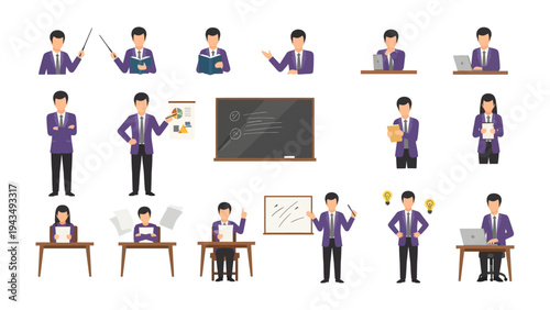 Diverse Teacher Illustration Set: A comprehensive collection of illustrations, showcasing teachers in various professional settings, perfect for educational and training materials. 
