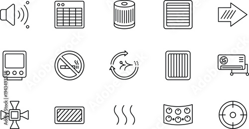HVAC system icons, ventilation, air conditioning, filters, airflow, purification, indoor climate control