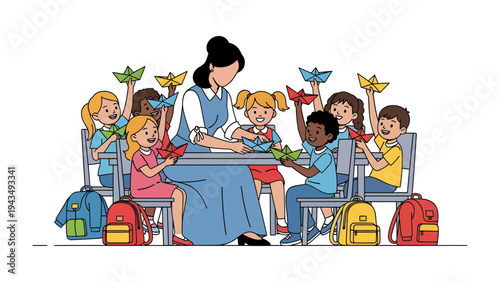 Creative Classroom: A teacher guides a group of enthusiastic children, sharing the simple beauty and joy of origami, fostering creativity and learning.