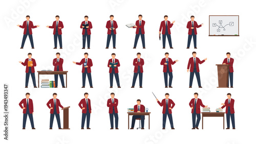 Businessman Presentation in Various Poses: A professional in diverse poses, ideal for business and communication concepts. Including the whiteboard with the diagram.