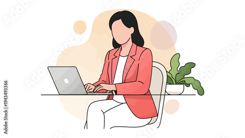 Working Woman at Desk: A woman sits at a desk, engrossed in her work on a laptop computer, with a potted plant nearby. Illustrating the modern work life and professional focus.