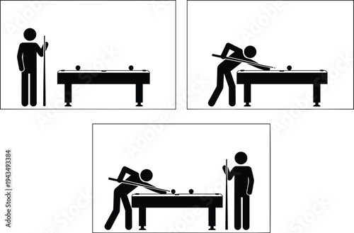 Stick figure billiards players, cue stick silhouettes, pool game illustration, recreational sports activity design