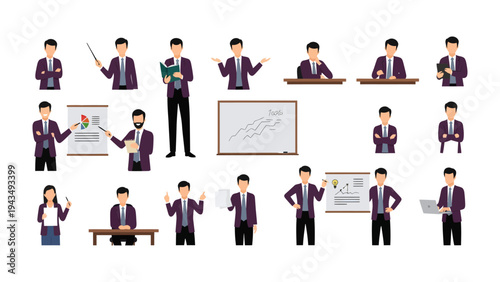 Diverse Professionals in Action: A comprehensive collection of professionals in various poses, from presenting ideas to collaborating.