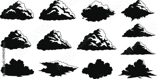 Black Cloud Silhouette Vector Icon Set Featuring Detailed Fluffy Shapes Dramatic Storm Clouds and Meteorological Sky Elements Isolated on White Background for Weather Forecast Nature Design