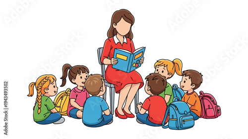 Enchanting Storytime: A kind educator captivates a circle of attentive children with a fascinating tale from an open book, sparking their imaginations and fostering a love for learning.