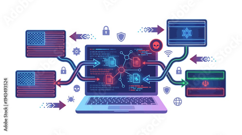 Global Cyber Conflict Illustration – USA Israel Iran Digital Warfare Vector