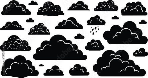 Black Cloud Silhouette Vector Icon Set Featuring Various Fluffy Shapes Rain Clouds and Textured Weather Elements Isolated on White Background for Sky and Meteorological Designs