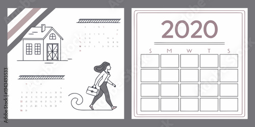 Black and white illustration of a woman walking with a dog and a house next to a 2020 calendar