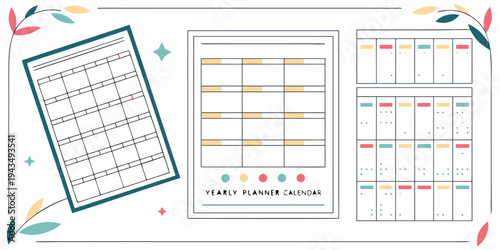 Colorful yearly planner calendar templates with decorative leaf design