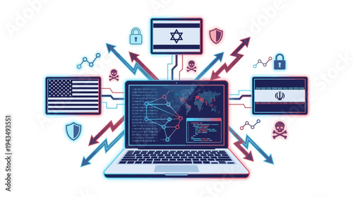Cyber Security War Concept – USA Israel Iran Hacking Battle Vector