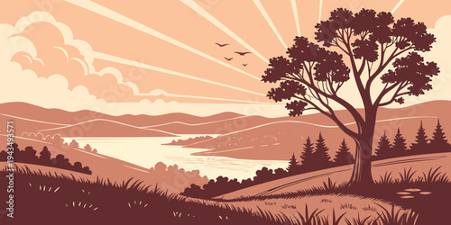 A serene landscape illustration of a tree on a hill with a lake and mountains in the background at sunset