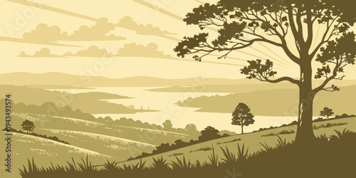 A serene landscape with a tree on a hill overlooking a body of water at sunset or sunrise with clouds and grassy fields