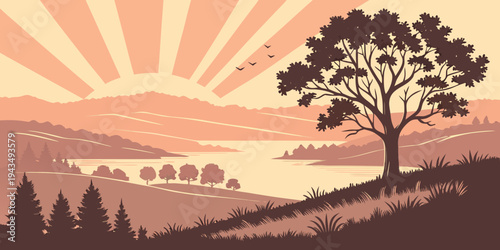 A serene landscape illustration of a tree on a hill at sunset with mountains and a lake in the background with trees and grass
