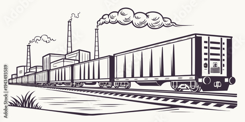 A black and white illustration of a train on railroad tracks next to industrial buildings with smokestacks and smoke