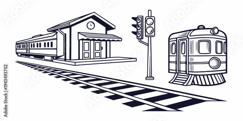 Black and white illustration of a train station with a train on the tracks and a signal light