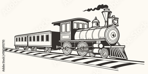 Vintage steam locomotive train with passenger car on railroad tracks