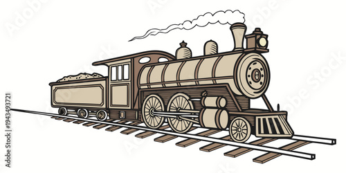 Vintage steam locomotive train on railroad tracks with smoke coming out of the chimney