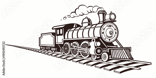 Vintage steam locomotive train engine with smoke on tracks