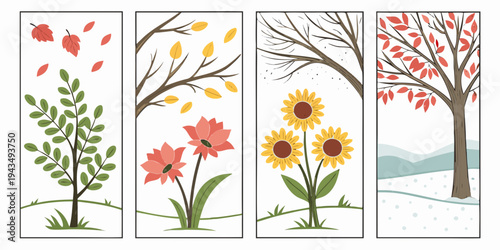 Seasonal tree and flower illustrations in four panels