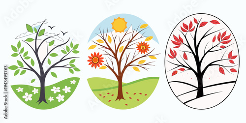 Seasonal tree illustrations in circular icons representing spring, summer, and autumn with leaves and flowers changing throughout the year