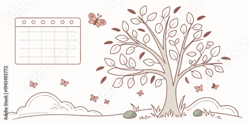 A whimsical illustration of a tree with butterflies and a calendar on a with earthy tones
