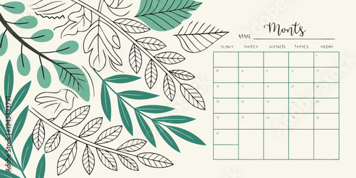 A green and white planner or calendar page with a leafy design on a cream background for organizing months and tasks