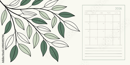 A minimalist 2016 calendar page with a branch of green leaves on a cream colored background