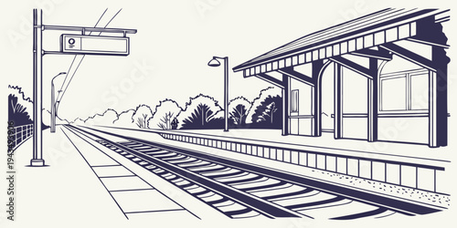 A train station platform with a roof and a sign on a pole