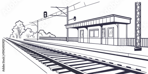 A black and white illustration of a train station with tracks and a small building