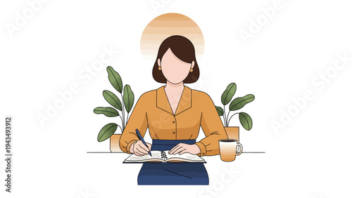 The Art of Creation: A creative individual immersed in the process of journaling or writing, surrounded by nature-inspired decor