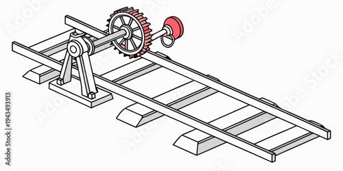 A mechanical device with a gear and pulley system on a metal frame with a ladder like structure