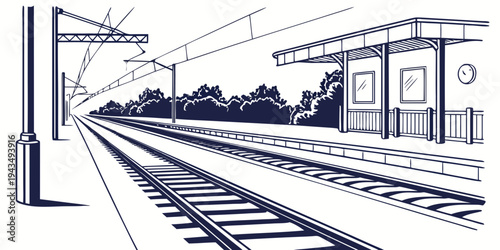 A black and white illustration of a train station with tracks and a platform