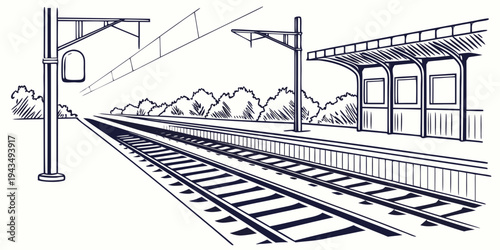 A black and white illustration of a train station with tracks and a platform