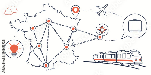 A map of france with various travel icons and transportation modes shown