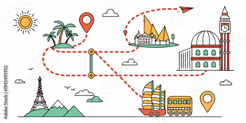 Colorful illustration of a travel route with landmarks and transportation