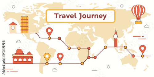Travel journey around the world with iconic landmarks and transportation