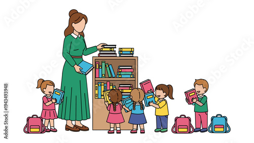 Educational Interaction: A dedicated educator engaging with children in a classroom setting, promoting a love for reading and learning through a collection of books. 