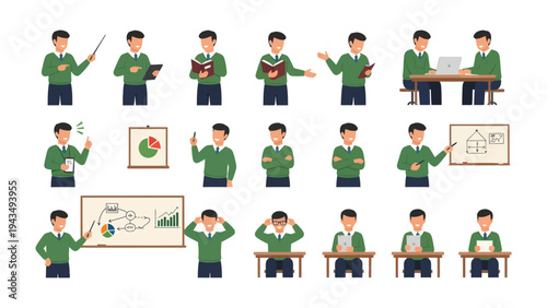 Illustration of Dynamic Educator: A set of illustrations showcasing a male educator in various engaging poses, utilizing teaching tools and presenting diverse interactions.