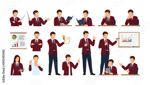 Business Presentations and Actions: A compilation of business people in professional attire, engaged in various actions during presentations and discussions.