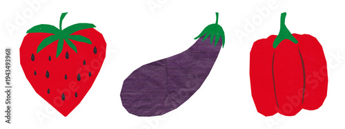 Handcrafted paper cut set of strawberry, eggplant and bell pepper for scrapbooking. Textured food collage elements isolated on transparent background. Ideal for digital stickers and DIY crafts.