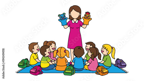 Puppet show for children: A cheerful educator leads a captivating puppet show for a circle of engaged young pupils, fostering imagination and wonder.